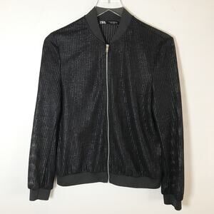 Zara Black Textured Bomber Jacket Full Zip Ribbed Trim Women's Size S